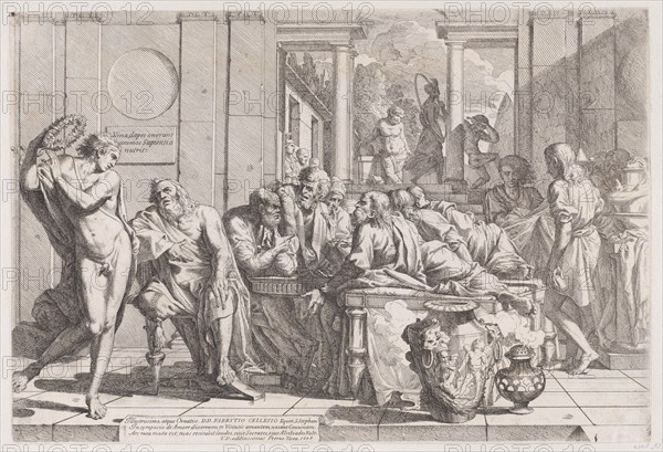 Plato's symposium: Socrates and his companions seated around a table discussing ideal love interruputed by Alcibiades at left, 1648.