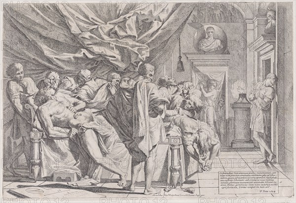 The suicide of the philosopher Cato, who lies on his bed pulling out his innards watched by horrified disciples, 1648.