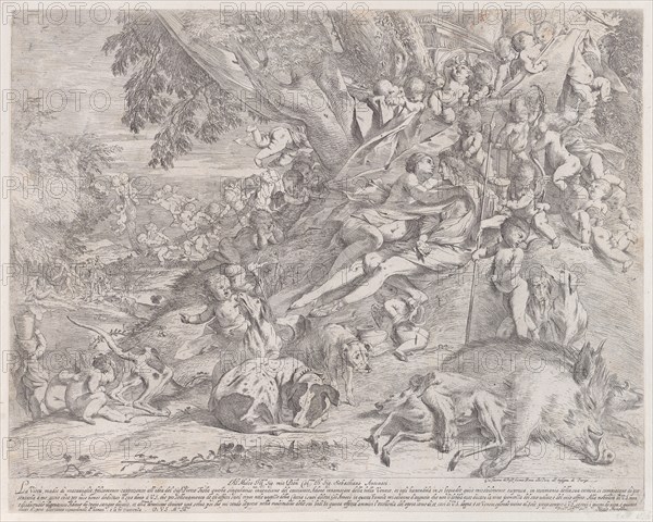 Venus and Adonis, surrounded by many putti, reclining after the hunt, with a dead boar in the lower right, 1631-37.