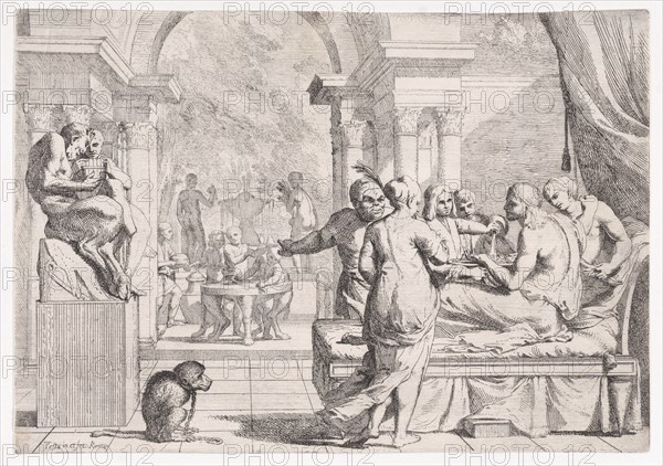 The prodigal son seated on a couch being served wine, revelers in the background, a monkey wearing a collar and chain in the lower left, from a series of four prints, ca. 1645.
