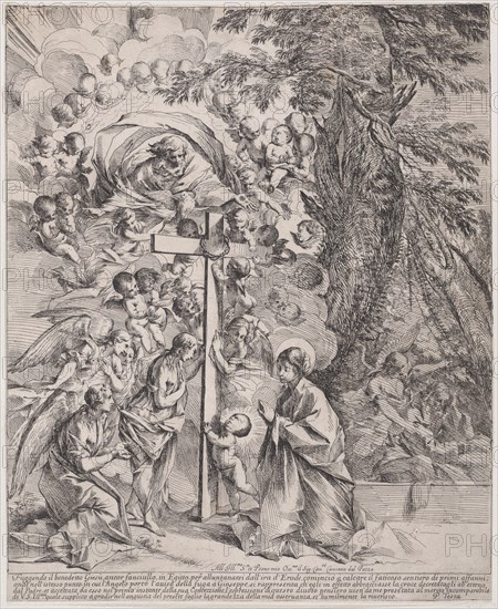 The dream of St Joseph, who is sleeping at the right, the Virgin and Child by a cross surrounded by angels and many putti and with God the Father above, ca. 1635-37.
