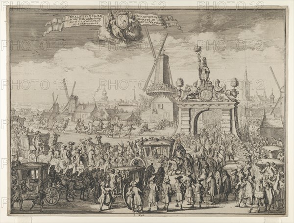 Entrance of William III into The Hague (Inhaling van S.K. Maj. aende Westeynder brug door de E.A. Magistraet van s'Gravenhage / Reception de sa Majesté au pont du Westende) from Bidloo, Inkomste van Koning Willem III, 1691.