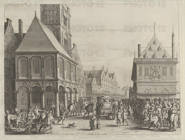 City magistrates taking leave of Marie de Medici before the town hall, from Caspar Barlaeus, "Medicea Hospes", 1638.
