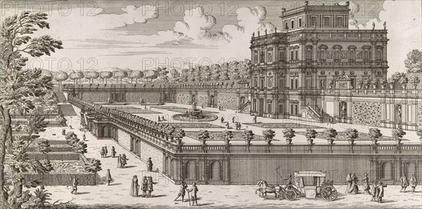 View of the side facade of the Palazzo Pamphili and its garden (Secondo prospetto per fianco del palazzo con diversa veduta del giardino del Bel respiro...Pamphilio), after 1677.
