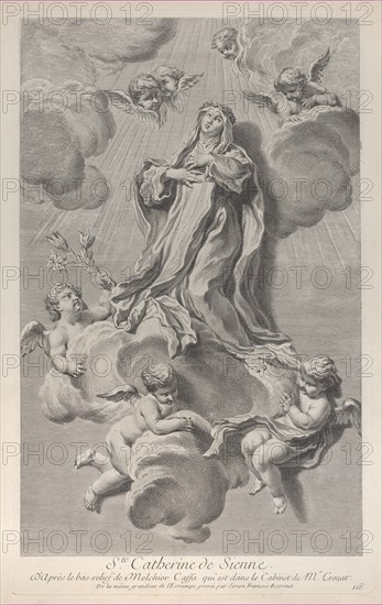 The Ecstasy of Saint Catherine of Siena, kneeling on a cloud carried by angels, one of whom holds a lily, 1729-40.