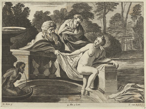Susanna, partly naked and stepping out of a fountain with two elders at left, one of them pulling at her garment, after Reni, ca. 1656-60.