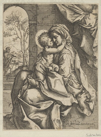 The Virgin seated with the Christ Child on her lap embracing her, Joseph seen through an archway at left, after Reni, ca. 1600-1613.