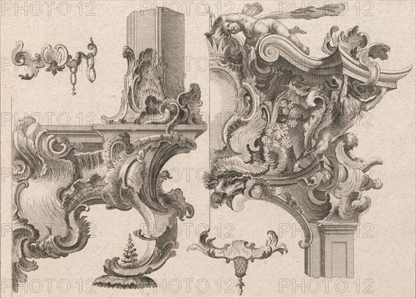 Suggestion for the Decoration of Lower Right and Top Right of an Altar Frame, Plate 1 from an Untitled Series with Rocailles Ornaments for Altar and Door Frames, Printed ca. 1750-56.