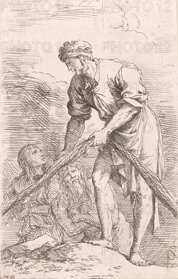 A man pulling a net with two figures behind him, from the series 'Figurine', ca. 1656-1657.