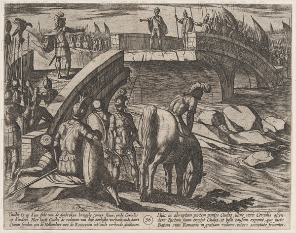 Plate 36: Civilis and Cerialis Meet on a Broken Bridge to Reach an Accord, from The War of the Romans Against the Batavians (Romanorvm et Batavorvm societas), 1611.