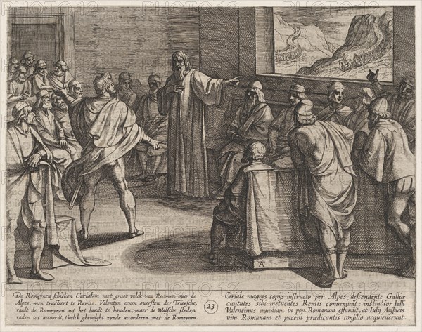 Plate 23: Conference on What Steps to Take Upon the Romans' New Troops Approaching Across the Alps, from The War of the Romans Against the Batavians (Romanorvm et Batavorvm societas), 1611.