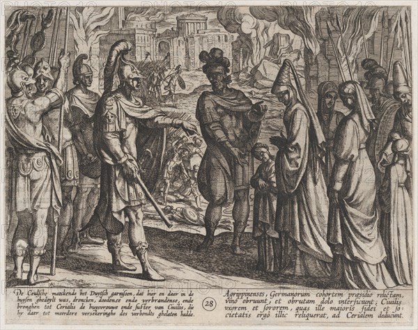 Plate 28: Cologne Troops Bring Civilis' Wife and Sister to Cerialis, from The War of the Romans Against the Batavians (Romanorvm et Batavorvm societas), 1611.