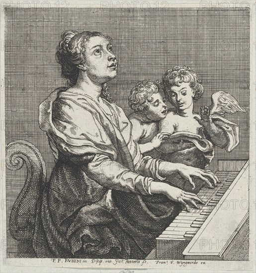 Saint Cecilia playing the organ with two putti at right, ca. 1631.