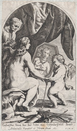 Venus before a mirror held by Cupid while her hair is combed by an old woman, 1631.