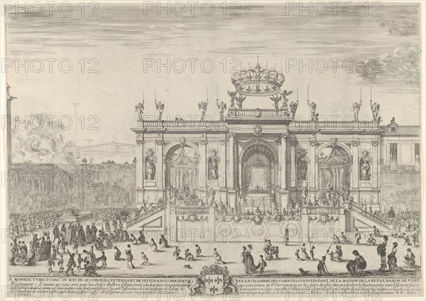 The altar of the holy sacrament; at left, the sacrament beneath a canopy, carried in procession and followed by the Louis XIV and Anne of Austria heading towards a large arched structure, spectators at left and right kneel in front of tapestries after Raphael, ca. 1648.