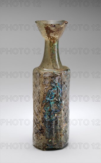 Yellow-Green Hexagonal Glass Bottle with a Stylite Saint, Byzantine, mid-5th-7th century.