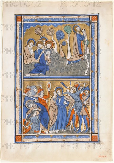 Manuscript Leaf with the Agony in the Garden and Betrayal of Christ, from a Royal Psalter, British, ca. 1270. Psalter  made for an English monarch, probably Queen Eleanor of Provence (ca. 1223-1291),