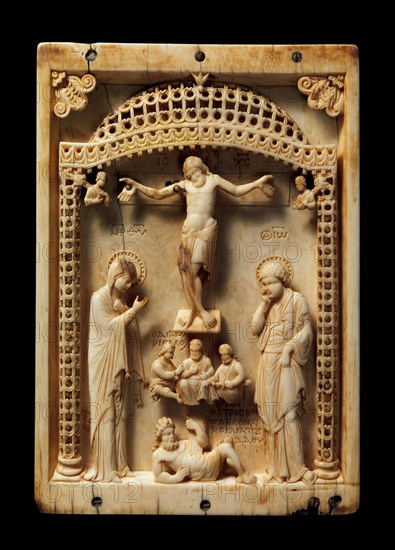 Icon with the Crucifixion, Byzantine, mid-10th century. With the Virgin and Saint John the Baptist and three soldiers.