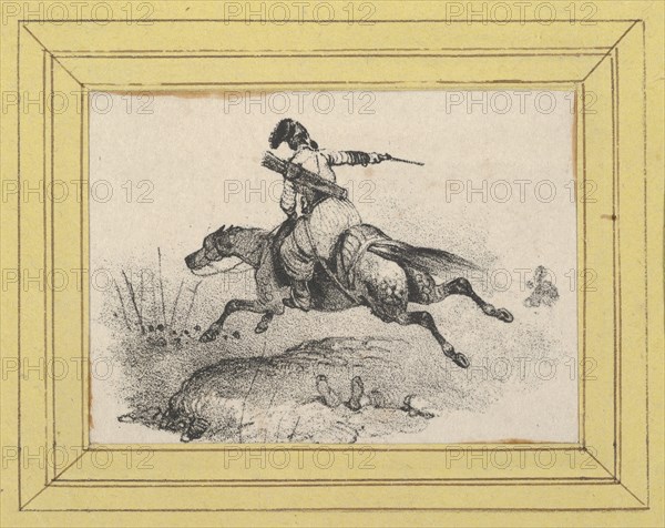 Soldier on galloping horse, mid-19th century.