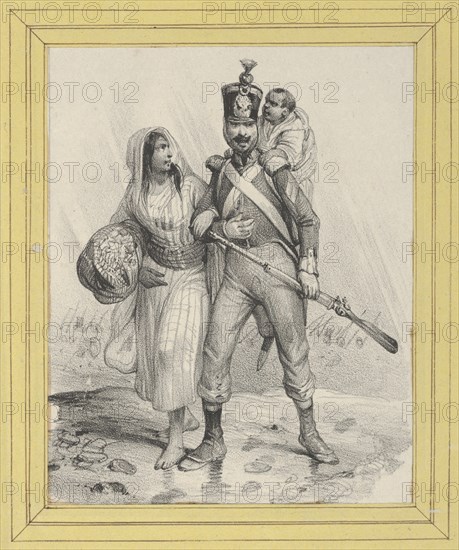 Soldier with a woman on his arm and a child on his back, mid-19th century.
