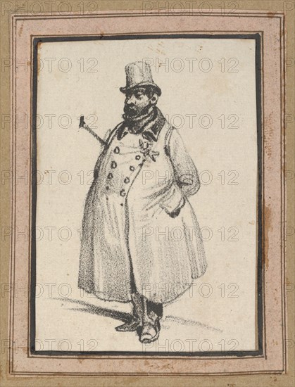 Man wearing a coat and a hat with a cane under his arm, mid-19th century.