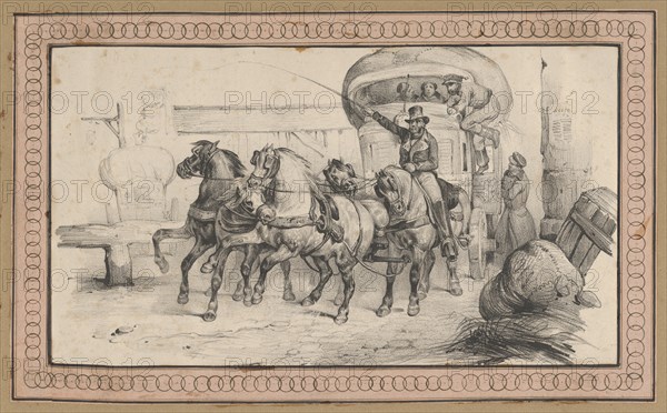 Five horses pulling a carriage with passengers, mid-19th century.