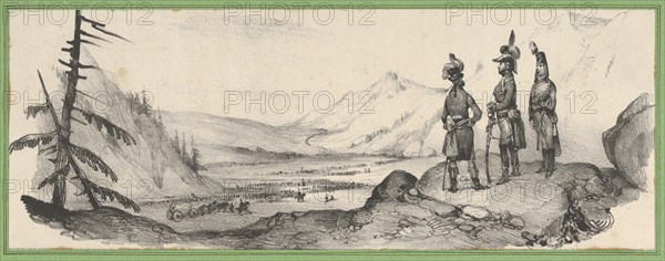 Three soldiers in a landscape, mid-19th century.