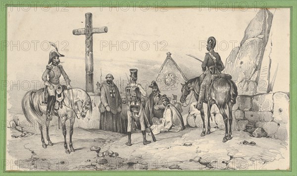 Soldiers gathered in front of a church with priests and a crucifix, mid-19th century.