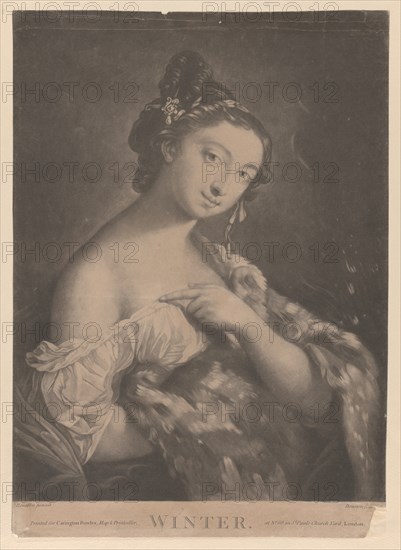 Winter: a woman holding a spotted fur mantle, 1775.