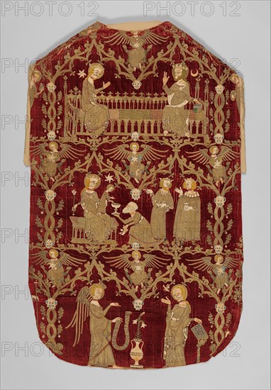 Chasuble (Opus Anglicanum), British, ca. 1330-50. Coronation of the Virgin, the Adoration of the Magi, and the Annunciation