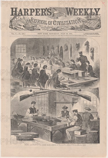 Filling Cartridges at the United States Arsenal, at Watertown, Massachusetts (Harper's Weekly, Vol. V), July 20, 1861.
