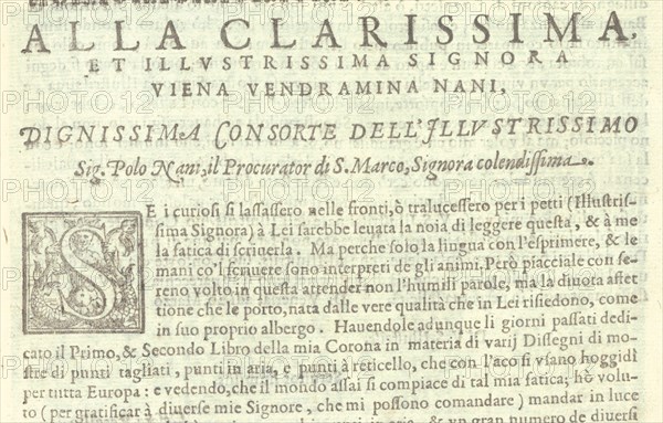 Corona delle Nobili et Virtuose Donne: Libro I-IV, page 58 (recto), 1601.[Dedication to Viena Vendramina Nani, consort of Polo Nani, procurator of San Marco].