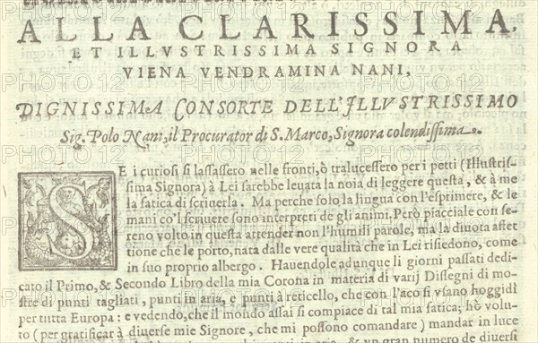 Corona delle Nobili et Virtuose Donne: Libro I-IV, page 58 (recto), 1601.[Dedication to Viena Vendramina Nani, consort of Polo Nani, procurator of San Marco].