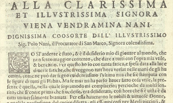 Corona delle Nobili et Virtuose Donne: Libro I-IV, page 2 (recto), 1601. [Dedication to Viena Vendramina Nani, consort of Polo Nani, procurator of San Marco].