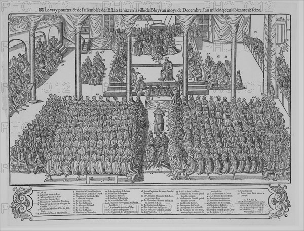 Le vray pourtraict de l'assemblee des Estats tenuz en la ville de Bloys au moys de Decembre, l'an mil cinq cens soixante & seize, 1577. [King Henry III of France at a meeting of cardinals, bishops and noblemen in Blois, December 1576].