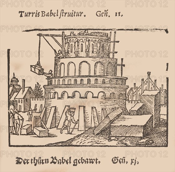 Biblicae Historiae, Artificiosissimis picturis effigiatae Per Sebaldum Behem Pictorem Francoforten/ Biblische Historien Künstlich fürgemalet. Durch den wolberümten Sebald Behem/ Malern zu Franckfurt, ca. 1540. [Building the Tower of Babel].