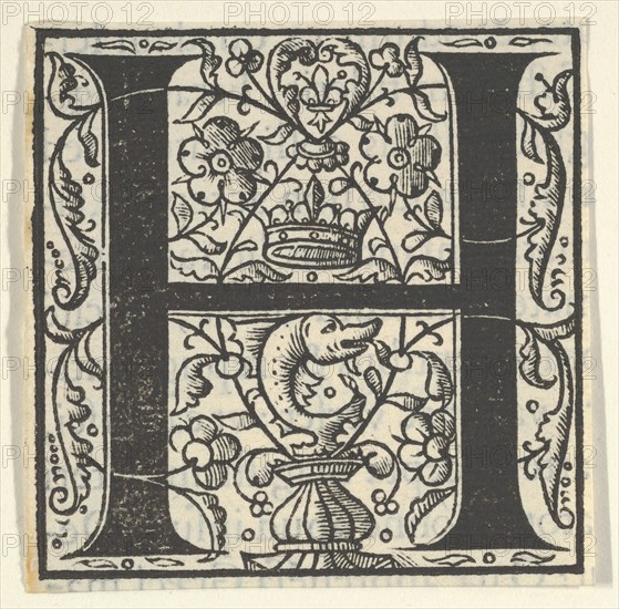Initial letter H with dolphin and crown, mid-16th century.