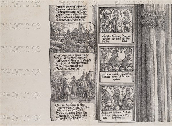 Maximilian as Commander-in-Chief; and Maximilian Conversing in Seven Languages; with Portraits of Emperors and Kings (Maximilian's Forerunners), from the Arch of Honor, proof, dated 1515, printed 1517-18, 1515.