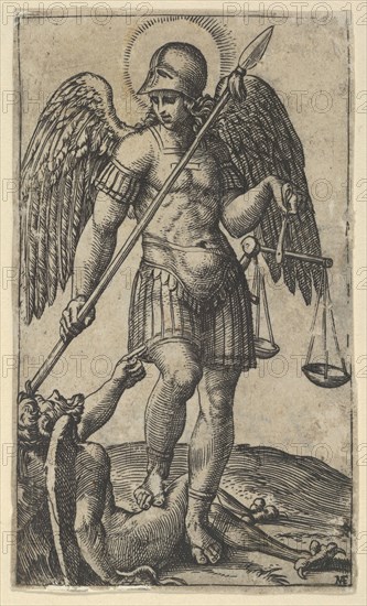 Saint Michael holding scales and a lance