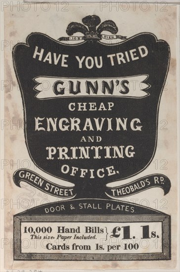 Trade Card for Gunn's Cheap Engraving and Printing Office