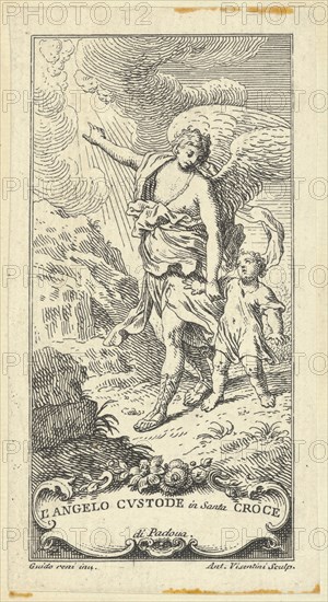 An angel leading a young boy and gesturing to the clouds