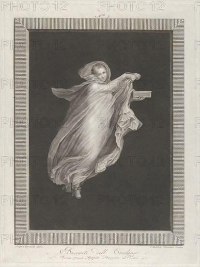 A bacchante wearing a hooded shawl and holding a box in her left hand
