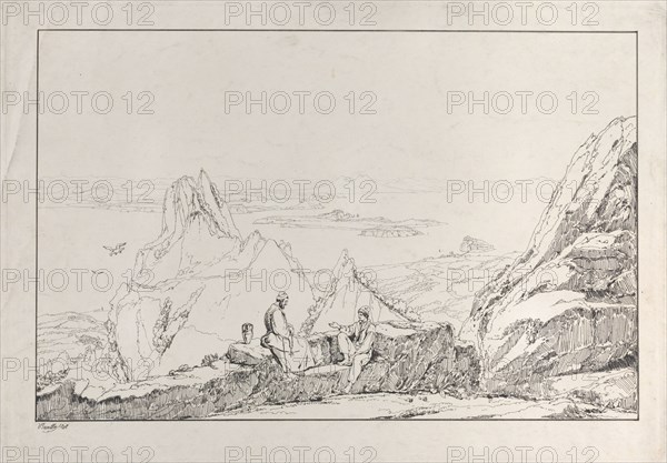 Mountainous landscape with two men in the foreground