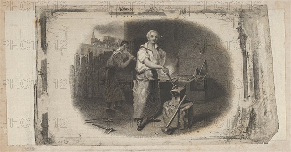 Banknote vignette with a blacksmith and forge