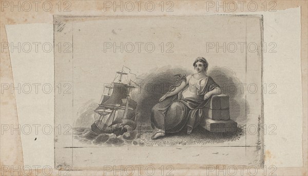 Banknote vignette with female figure representing marine commerce