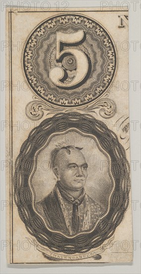 Banknote motifs: the number 5 and a portrait of Thayendanegea