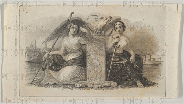 Banknote vignette with female figures representing Liberty and Justice