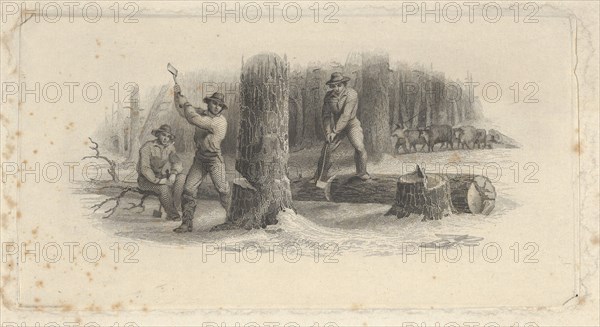 Banknote vignette showing woodsmen felling trees in a snowy forest
