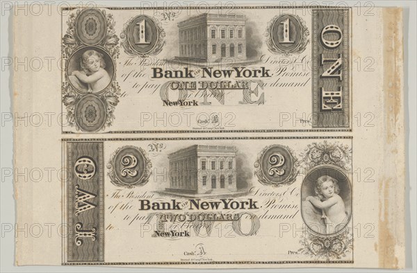 Proofs of Bank of New York One Dollar Bill and Two Dollar Bill