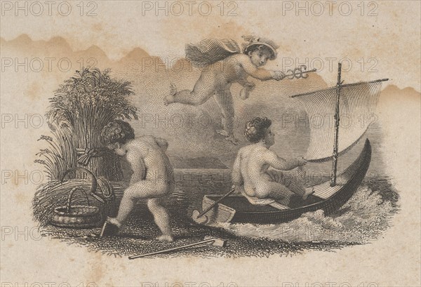 Banknote vignette with three putti symbolizing trade and agriculture